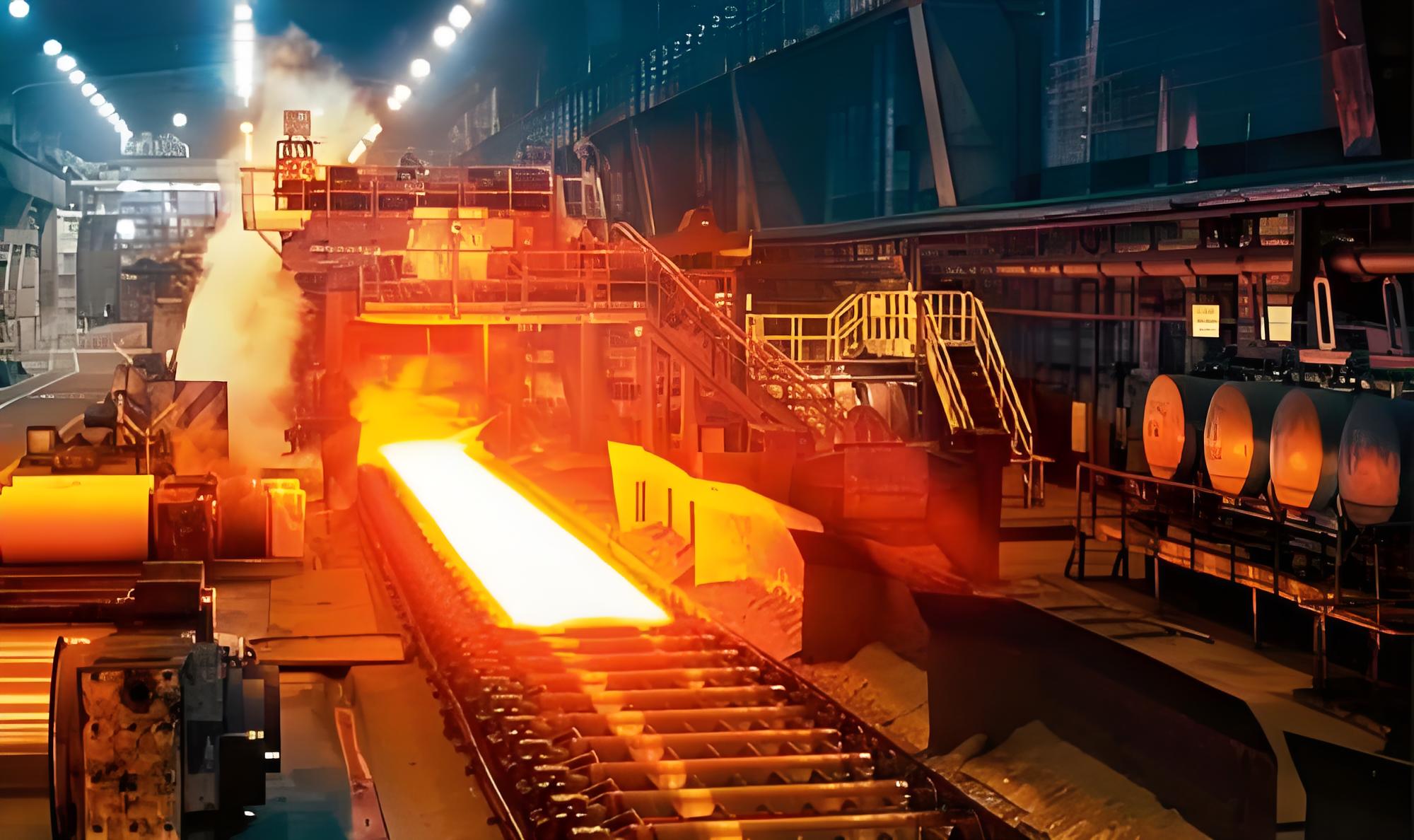 Inside a bustling steel factory with cranes and molten metal casting an intense glow.